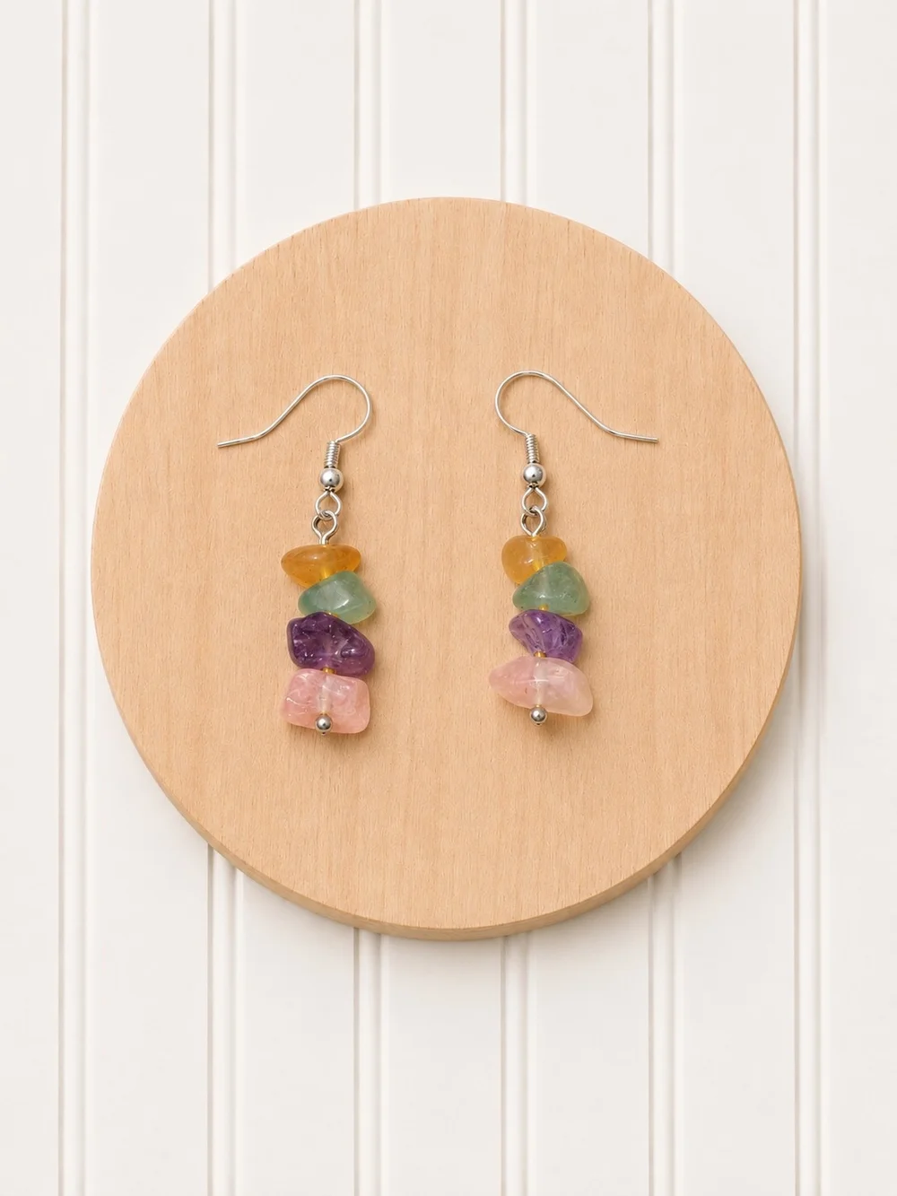 Semi Precious Natural Amethyst Rose Quartz Mountain Jade Gemstone Drop Earrings